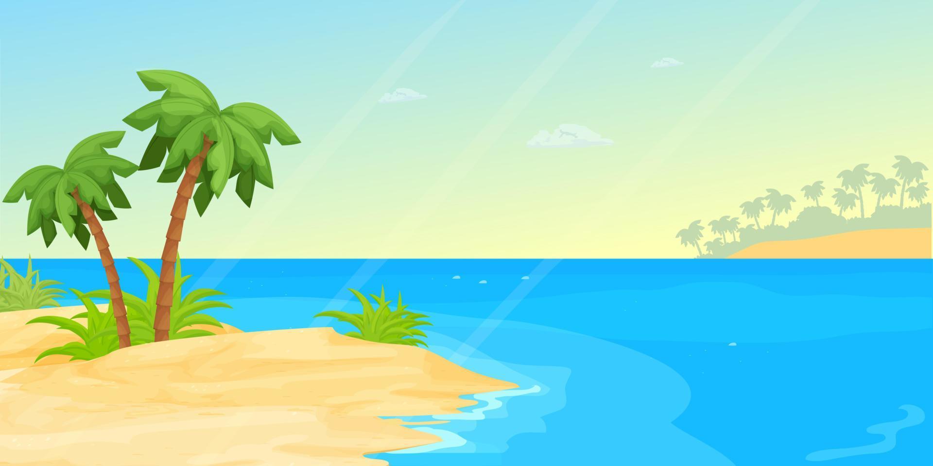 tropisk havsbild strand med hav, sand i tecknad stil. horisontell banner, sommarsemester exotiska kusten. lugn, avkopplande scen. vektor illustration