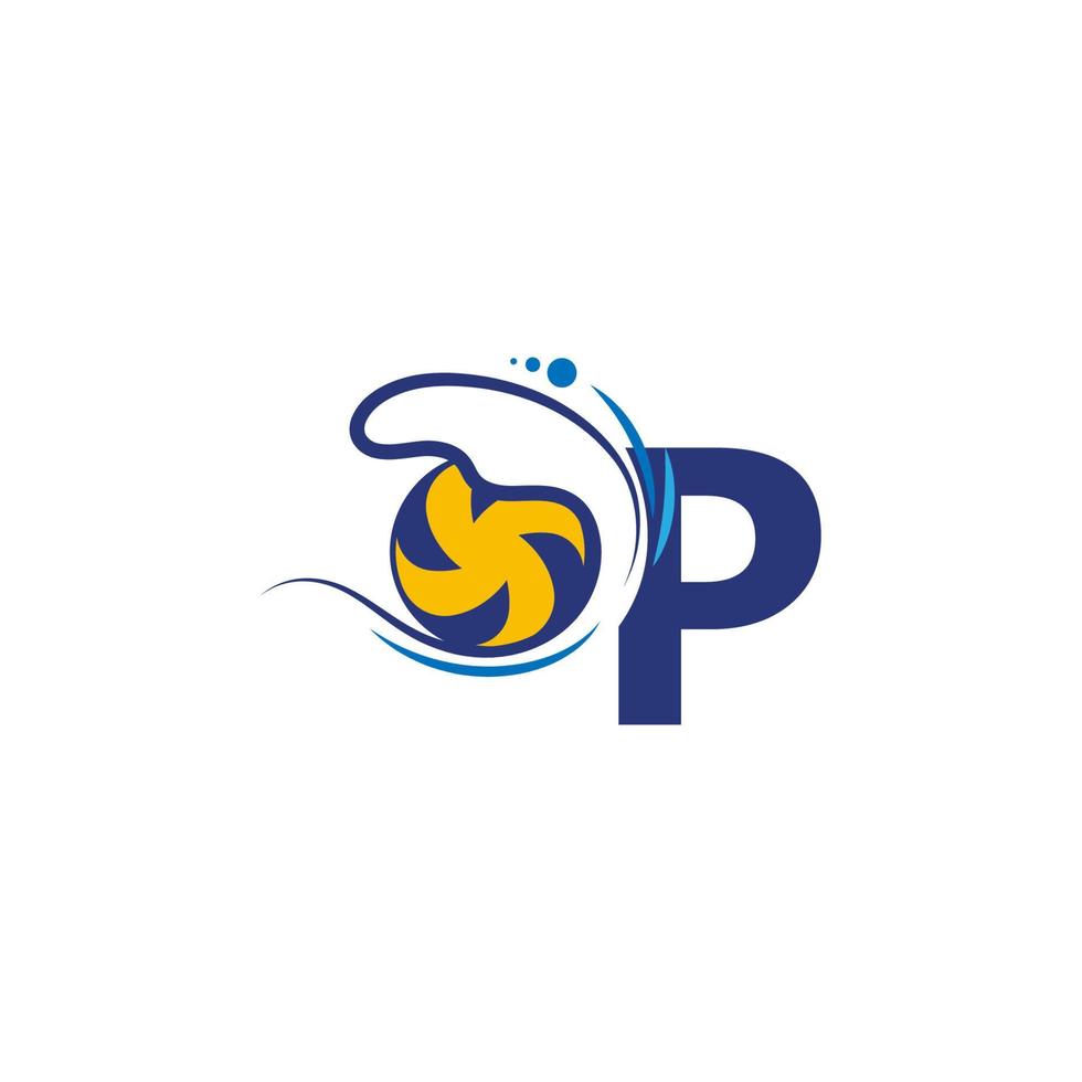 bokstaven p-logotyp och volleyboll slog in i vattnets vågor vektor