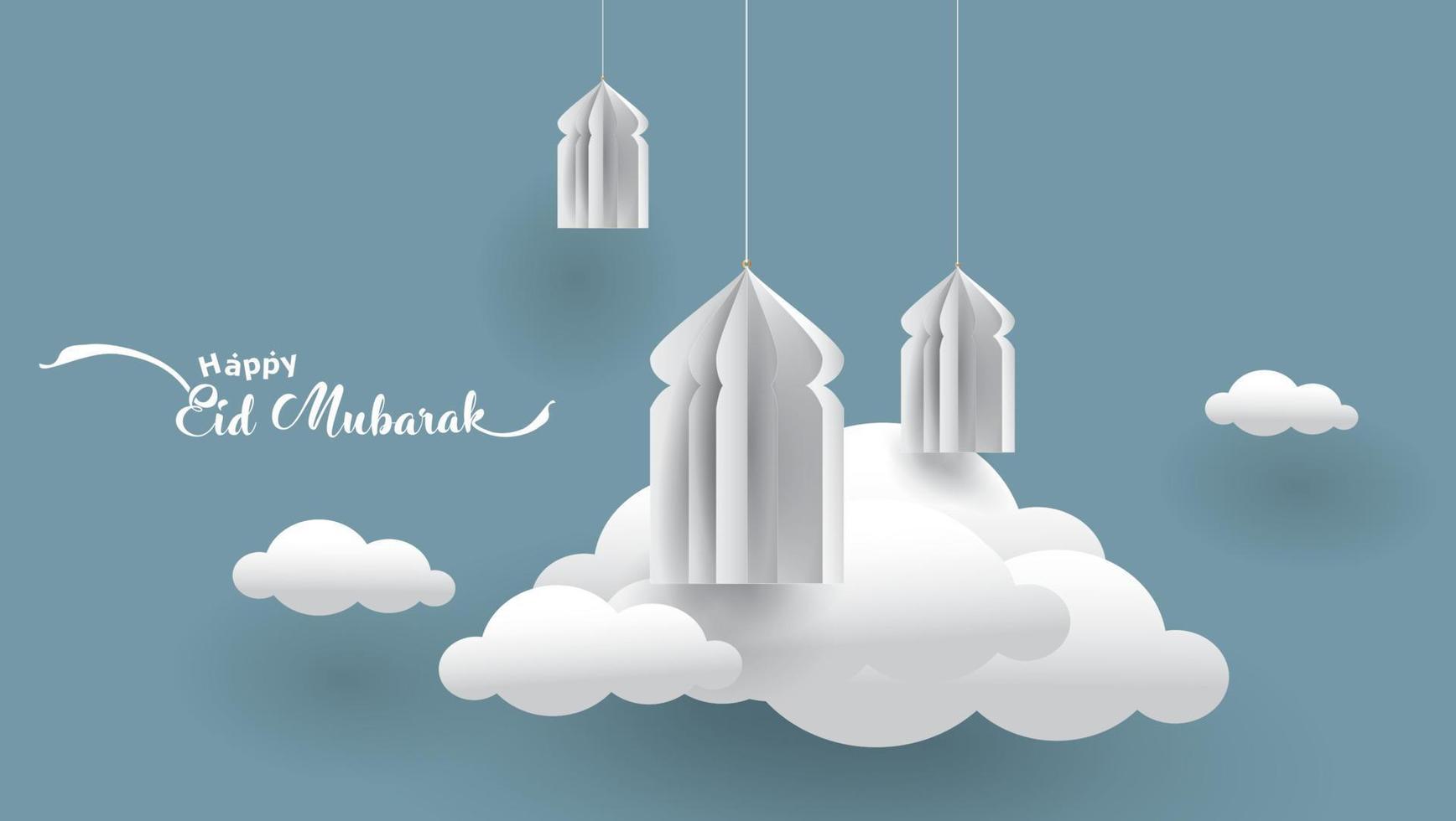 eid mubarak grußkartenillustration, ramadan kareem karikaturvektor, der islamisches fest für banner, poster, hintergrund, flyer, illustration, broschüre und verkaufshintergrund wünscht vektor