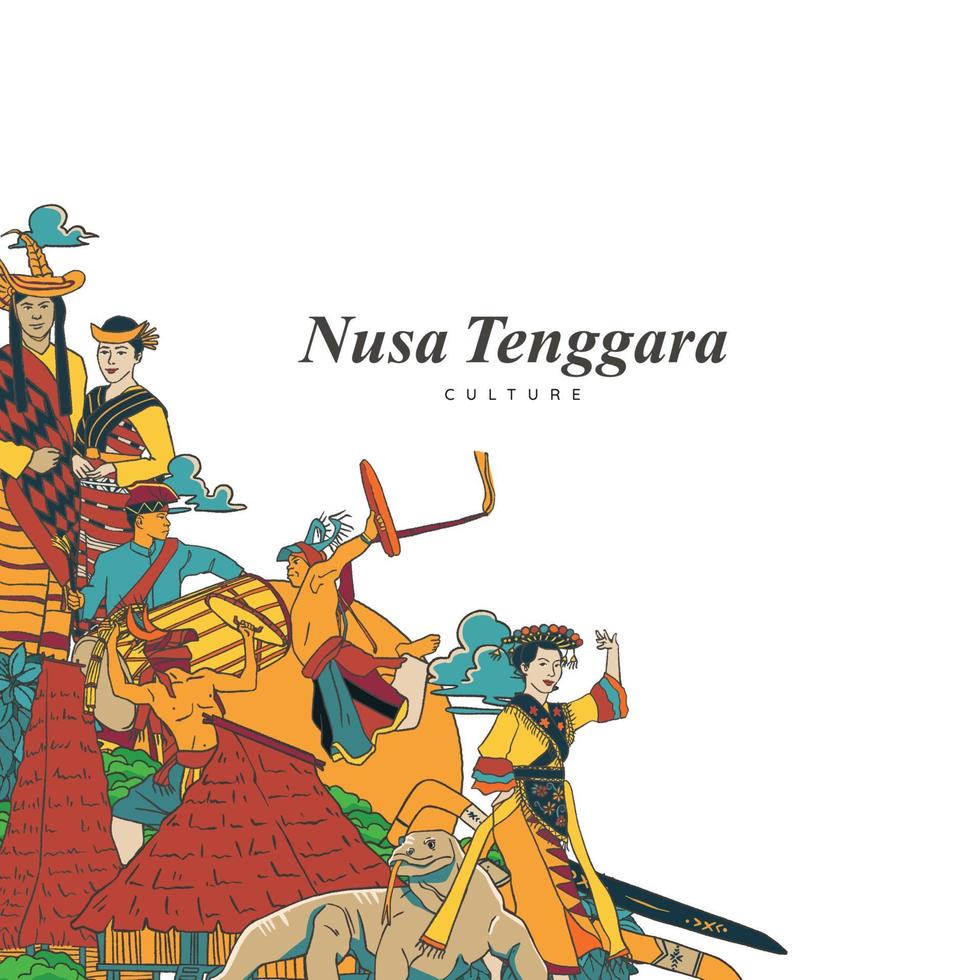 set nusa tenggara kultur und wahrzeichenillustration. hand gezeichneter hintergrund der indonesischen kulturen vektor