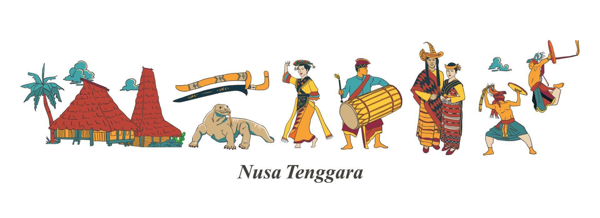 set nusa tenggara kultur och landmärke illustration. handritad indonesiska kulturer bakgrund vektor