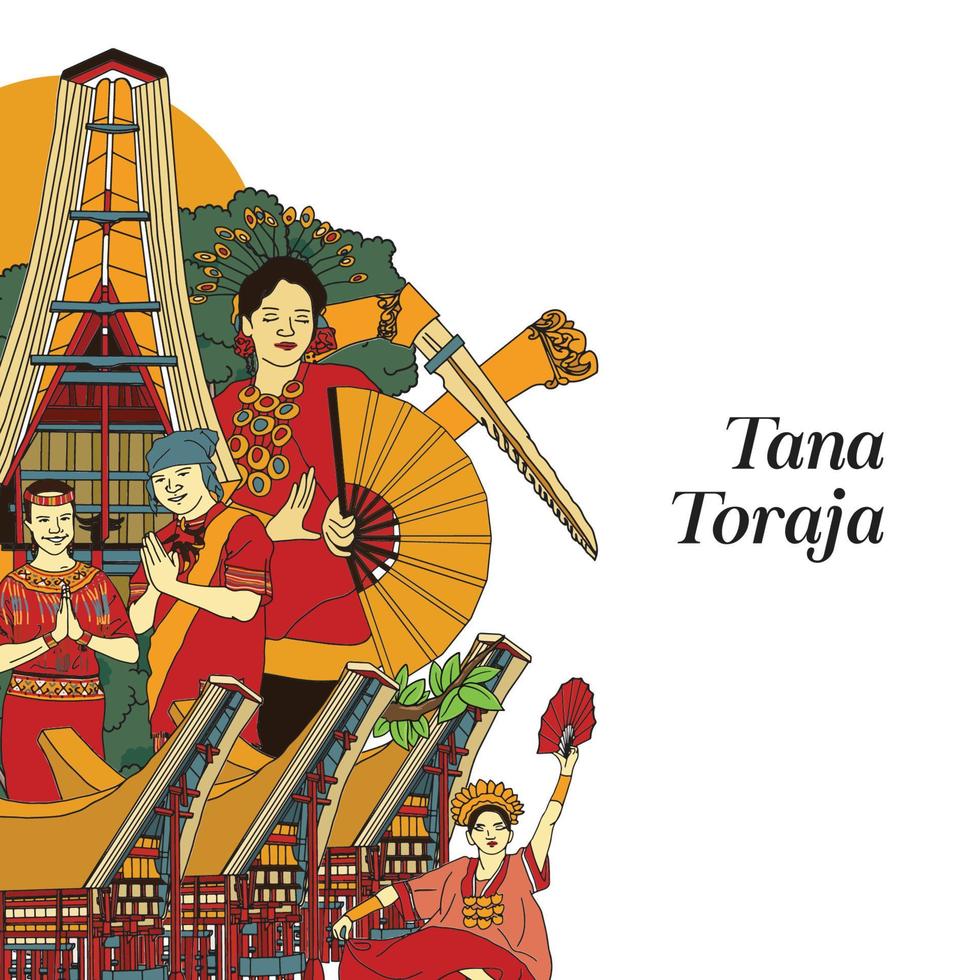 set torajan södra sulawesi illustration. handritad indonesiska kulturer bakgrund vektor