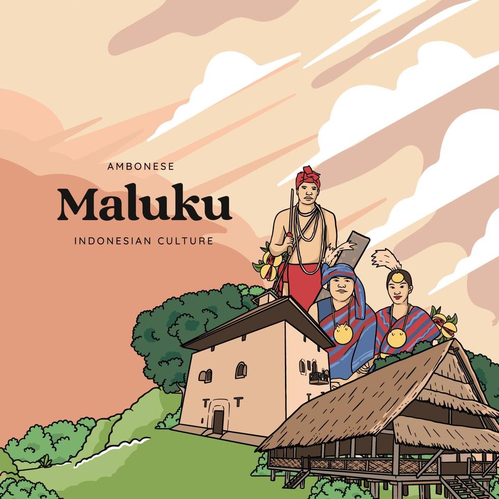 Maluku-Illustration festlegen. hand gezeichneter hintergrund der indonesischen kulturen vektor