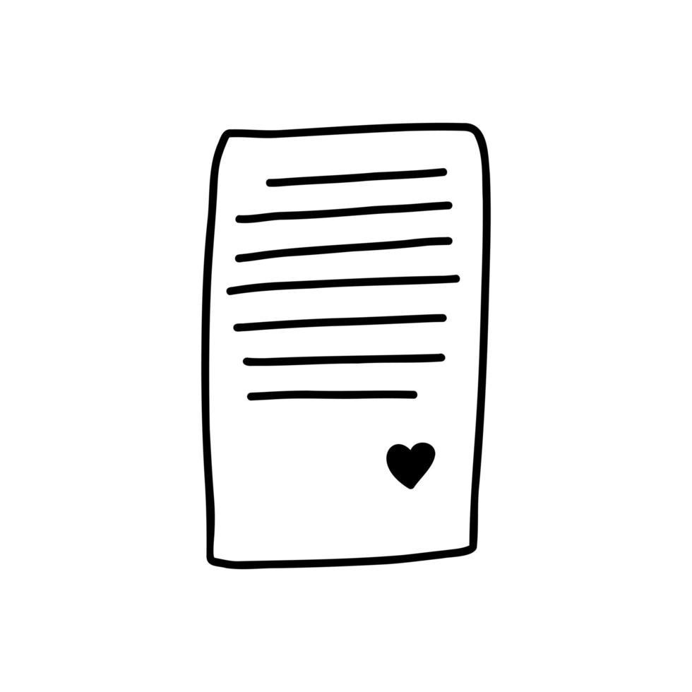 handgezeichnetes Doodle-Symbol mit Liebesbrief und Herz zum Valentinstag. lineare schwarze Umrissvektorillustration auf weißem Hintergrund vektor
