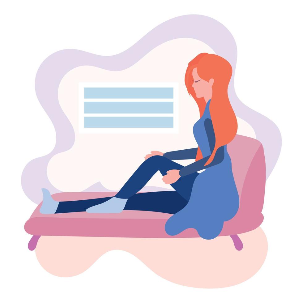 glad kvinna sitter på en soffa hygge koncept vektor