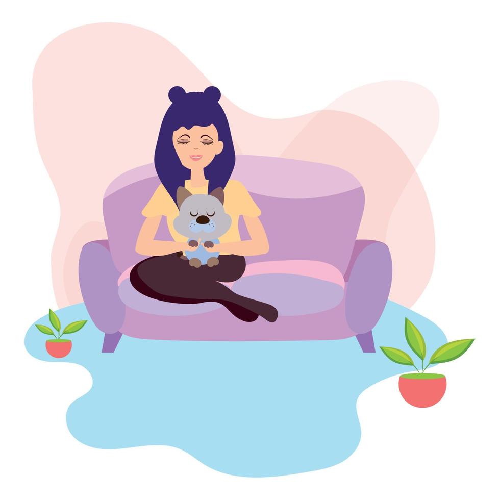 glad tjej sitter på en soffa med sin hund hygge koncept vektor