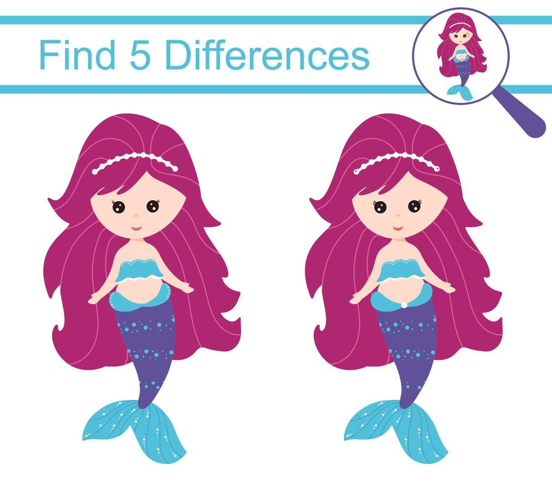 tecknade sjöjungfrur. hitta 5 skillnader. pedagogiskt spel för barn. vektor