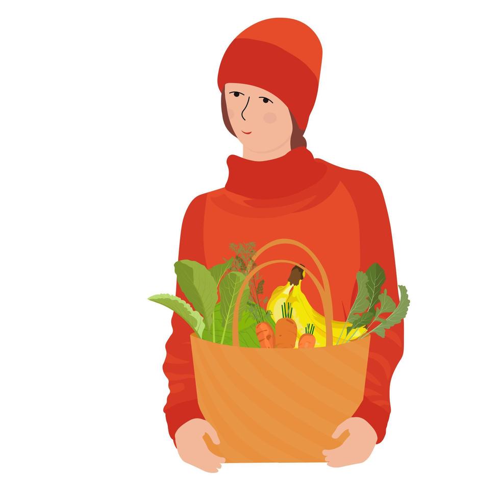 kvinna korg livsmedel vektor stock illustration. en korg full med grönsaker. kål, salladsblad, bananer isolerad på en vit bakgrund.