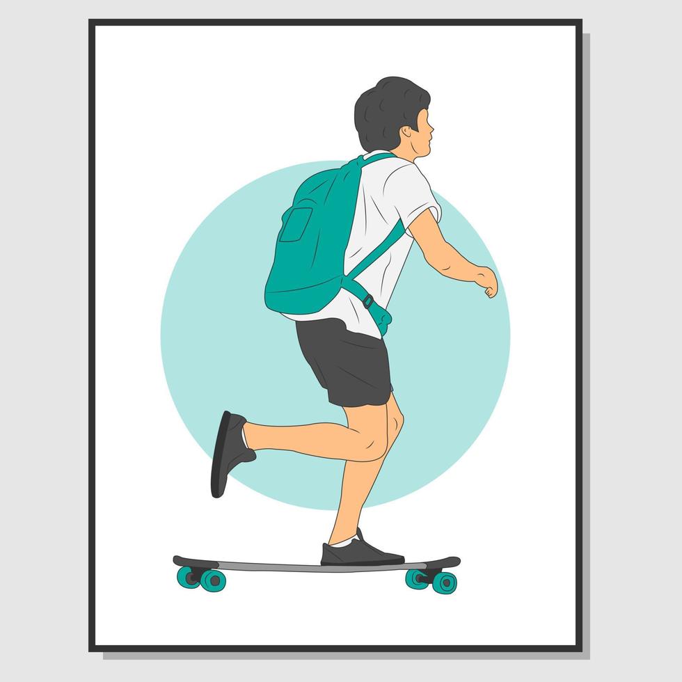 väggkonstdesign av en man som använder en väska som åker på sin skateboard. lämplig för väggdekoration vektor
