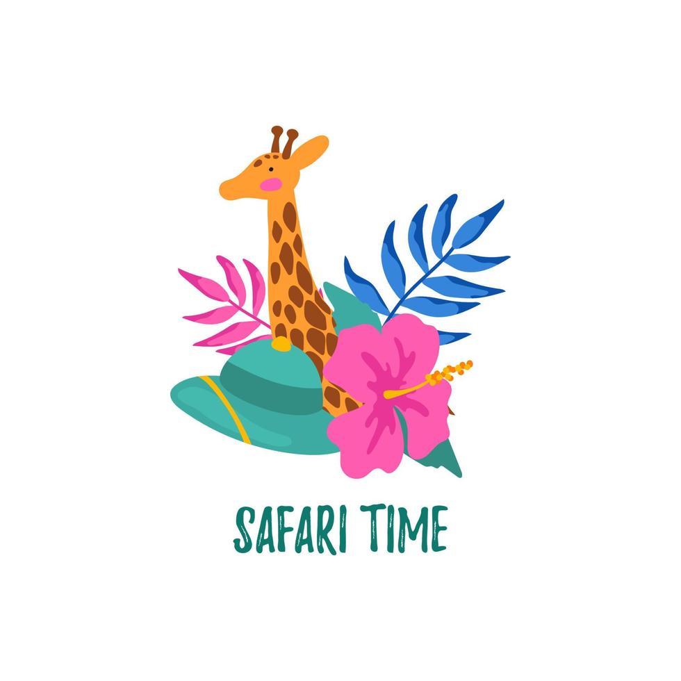 handritad sommaretikett med giraff, tropiska löv, blommor och safarihatt. vektor illustration