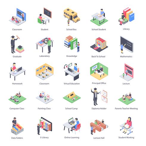 Lehrer Kinder und Schule isometrische Icons Pack vektor