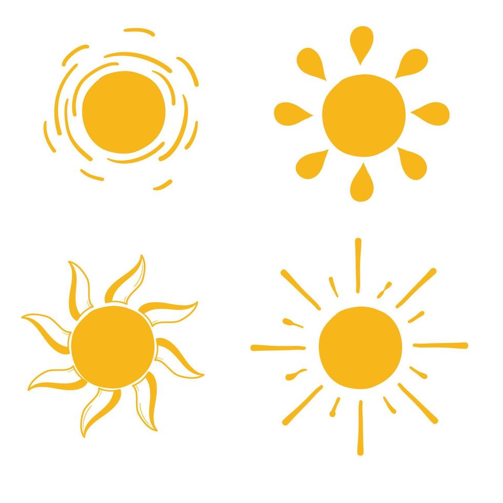 Sonnensymbol-Symbolvektor mit handgezeichnetem Cartoon-Stil des Gekritzels mit gelber Farbe vektor