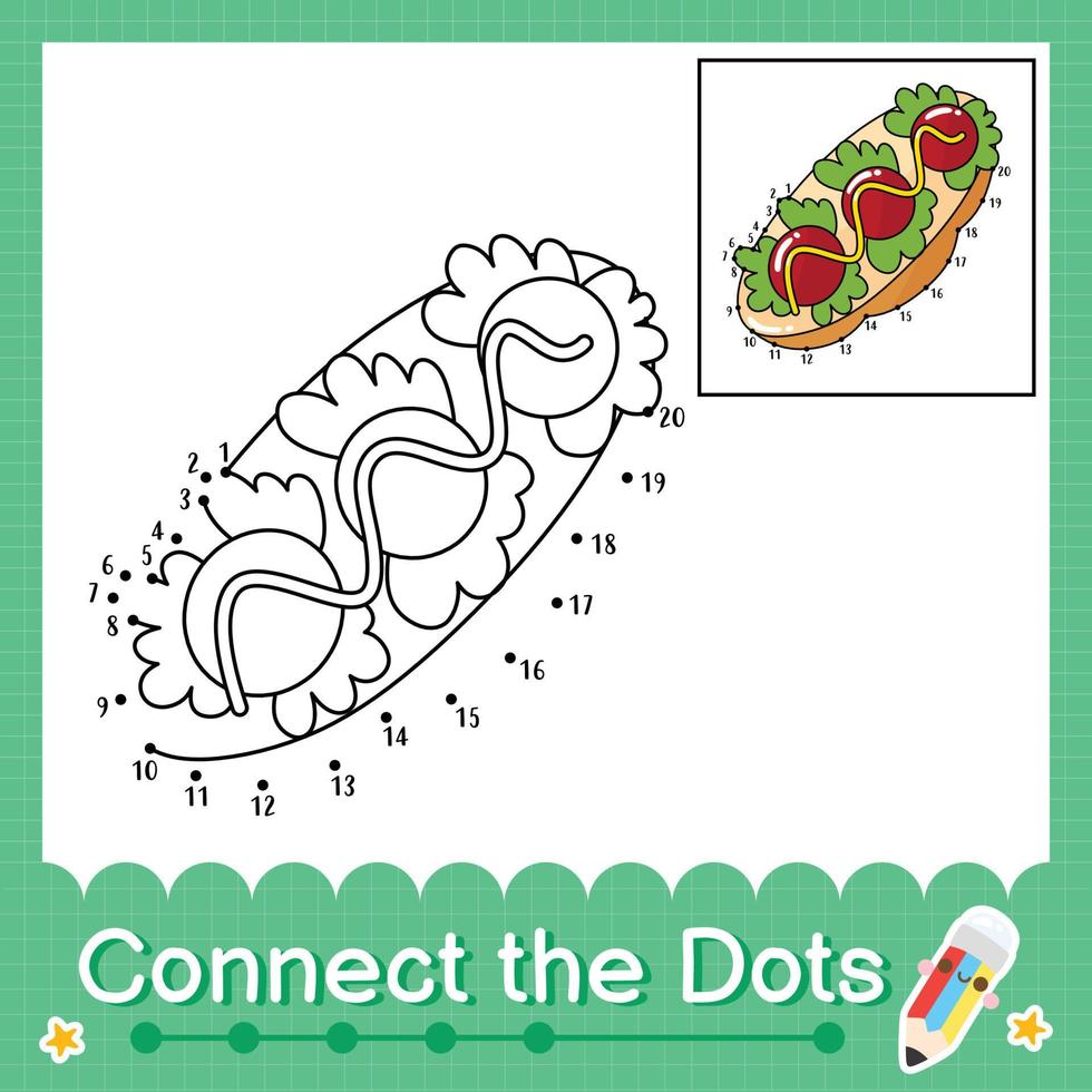 koppla ihop prickarna räknande nummer 1 till 20 pussel arbetsblad med smörgås vektor