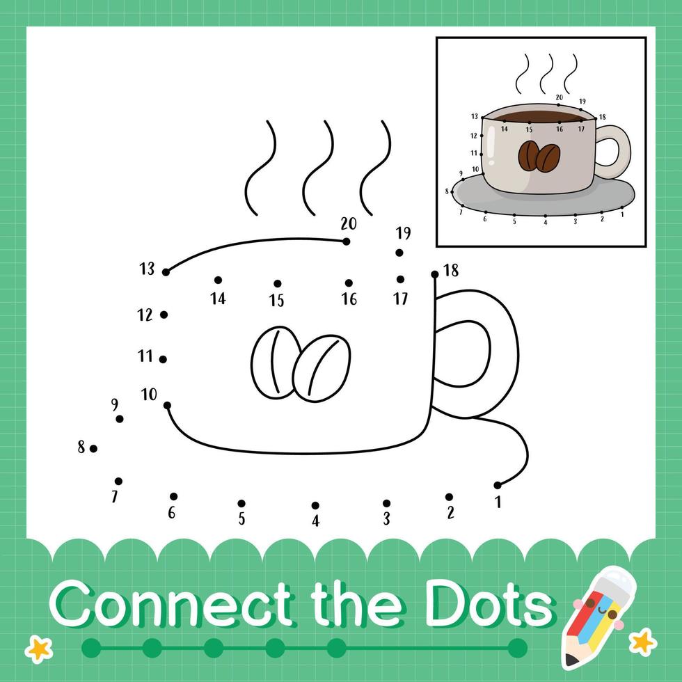 koppla prickarna räknande nummer 1 till 20 pussel arbetsblad med kaffe vektor