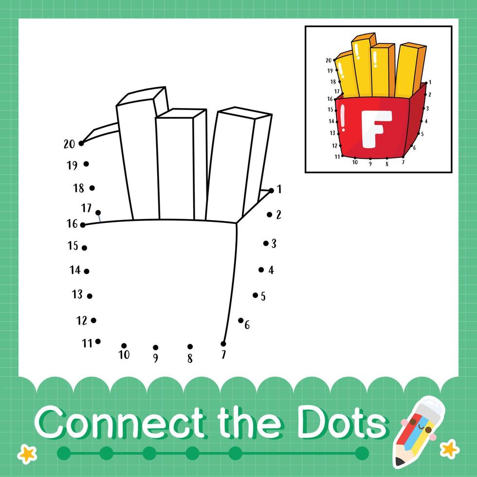 koppla ihop prickarna räknande nummer 1 till 20 pussel arbetsblad med pommes frites vektor