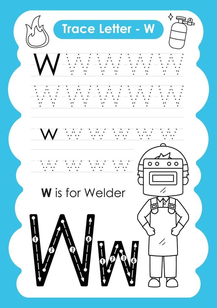 alfabetet spåra bokstaven a till z förskola arbetsblad med bokstaven w svetsare vektor