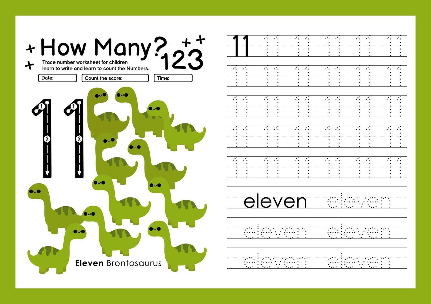 Nummernverfolgungsvorlage durch Zählen des Dinosauriers mit der Nummer elf vektor