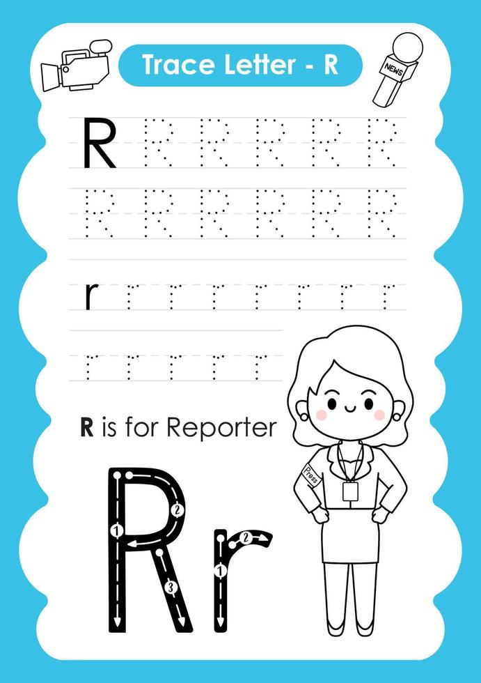 alfabetet spåra bokstaven a till z förskola arbetsblad med bokstaven r reporter vektor