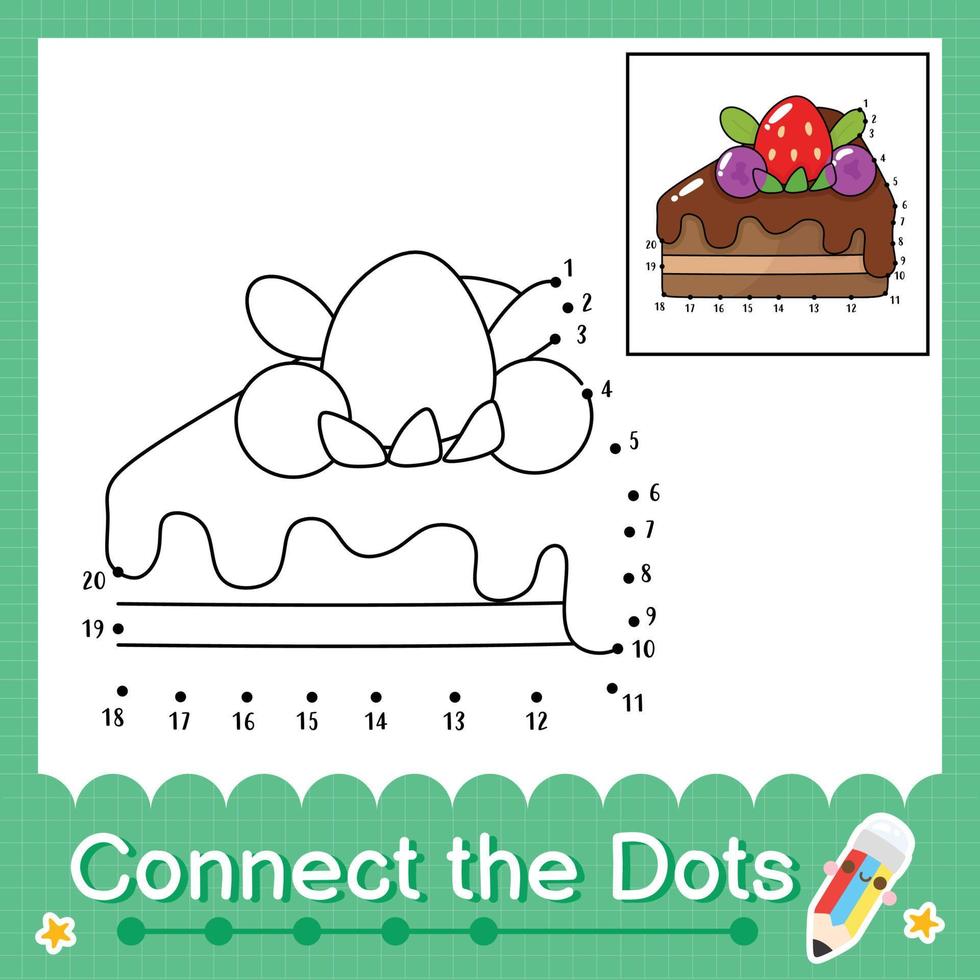 koppla ihop prickarna räknande nummer 1 till 20 pussel arbetsblad med tårta vektor