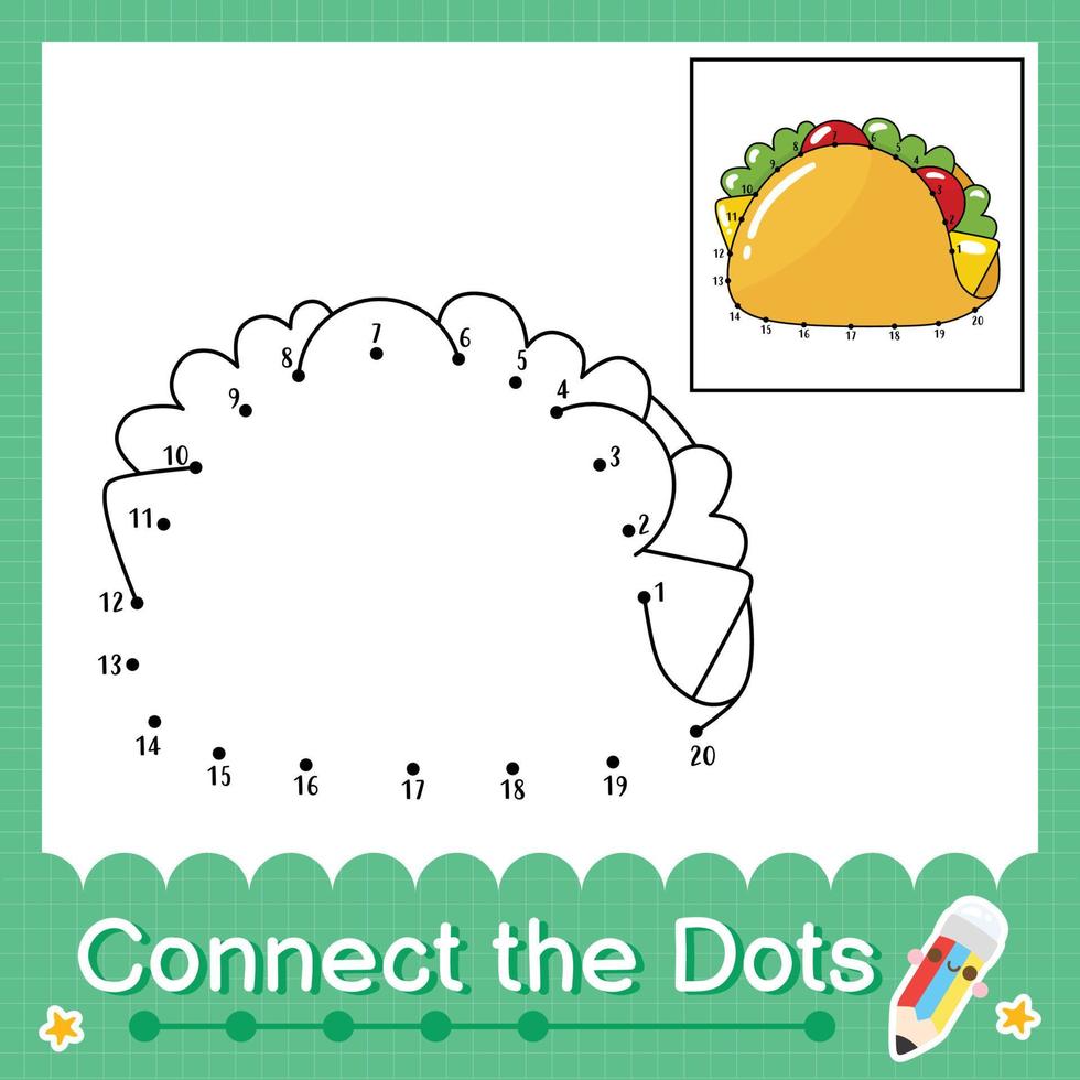 koppla ihop prickarna räknande nummer 1 till 20 pussel arbetsblad med taco vektor