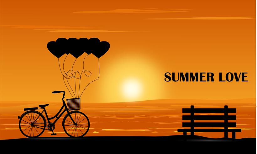 Fahrrad und Bank bei Sonnenuntergang vektor