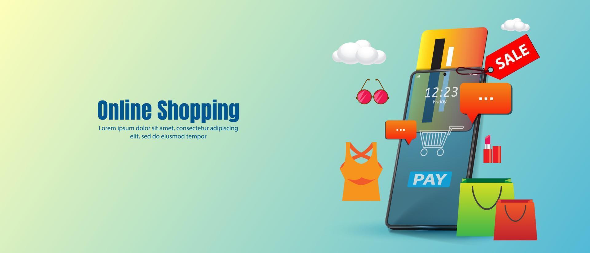 online shopping vektor illustration e-handel koncept. mobiltelefon med kreditkort