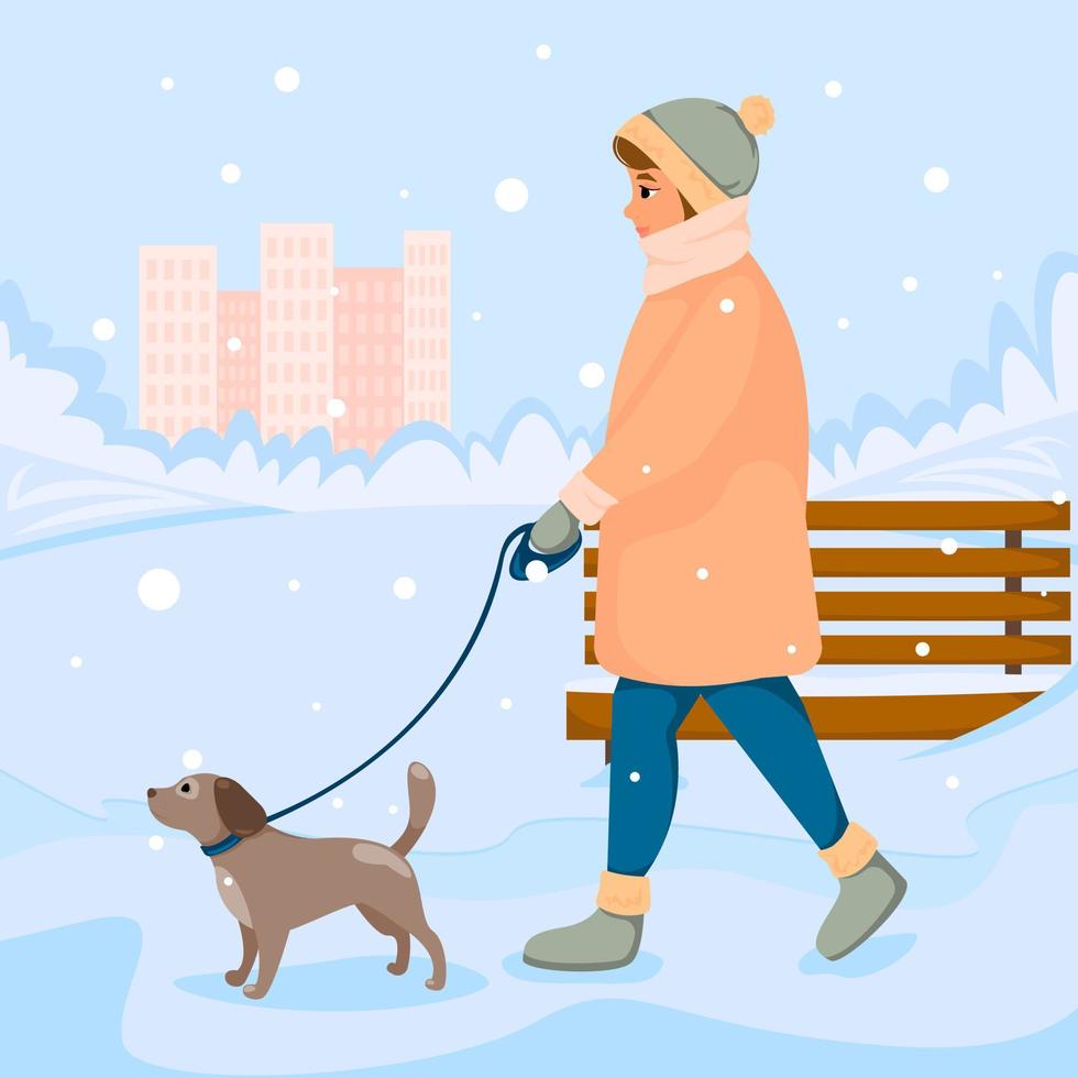 flicka går med hund i koppel i vinterparken. vektor illustration.