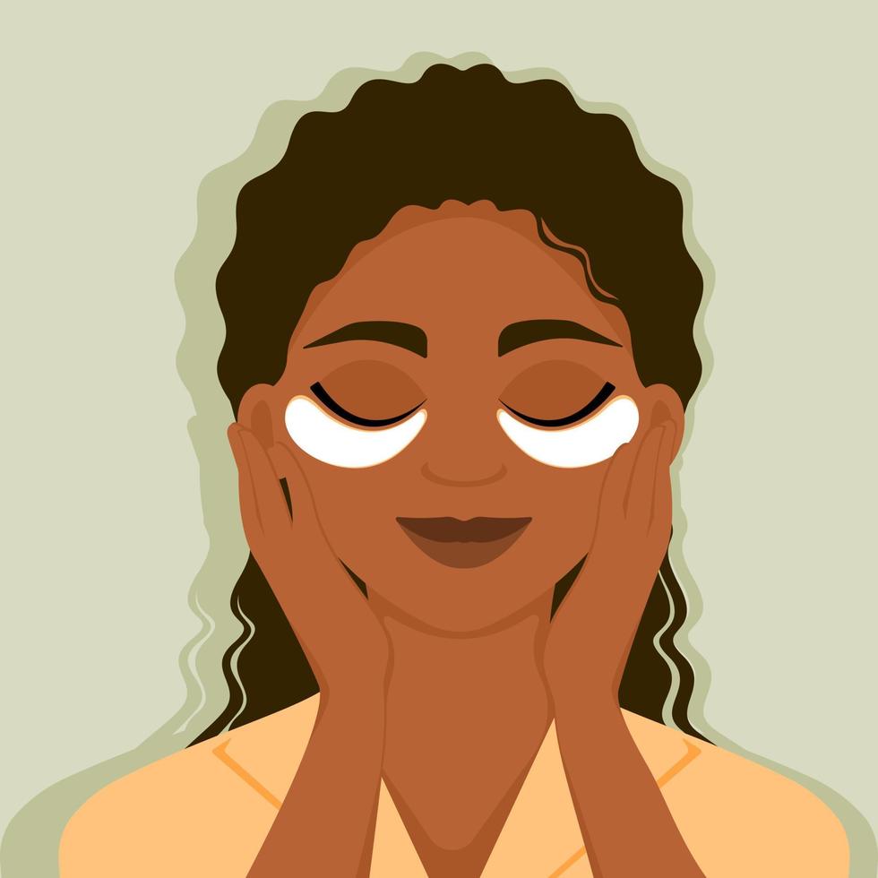 süßes lächelndes afroamerikanisches Mädchen mit kosmetischen Pflastern unter den Augen. Befeuchtung der Haut um die Augen. tägliche gesichtspflege zu hause. Vektor-Illustration. vektor