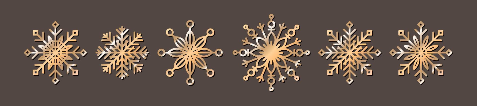 vektor uppsättning ikoner av gyllene metall snöflingor. begreppet jul, firande, frost, snöflinga, dekorativ symbol, semester.