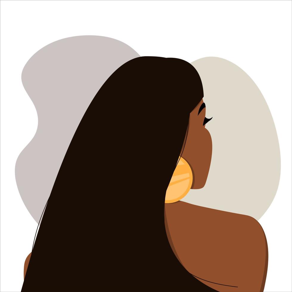 modern långhårig afrikansk kvinna med bara axlar och stora örhängen. begreppet skönhet, mode, kroppspositivitet, stil, jämlikhet. vektor