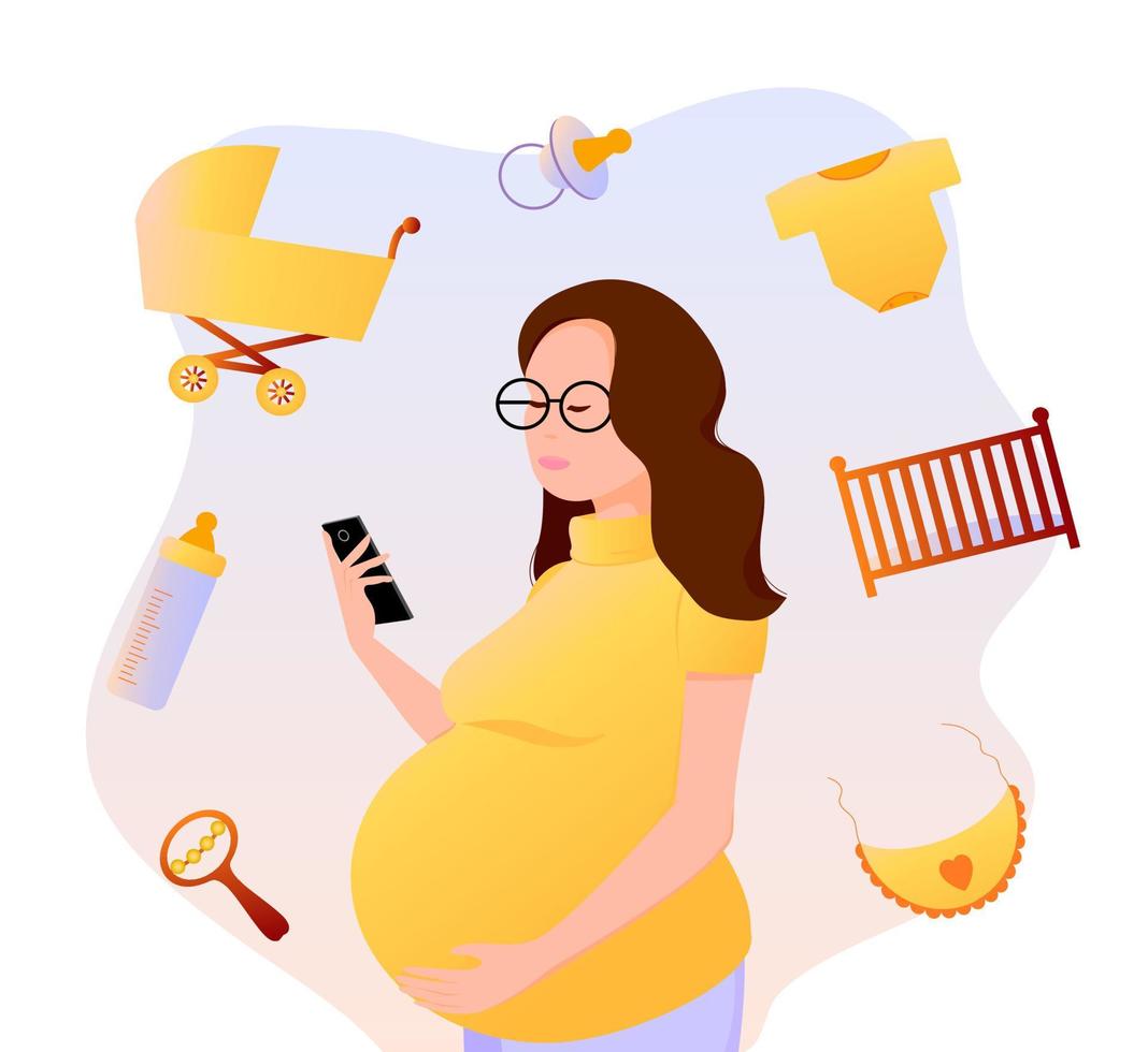 eine schwangere frau hält ein telefon in ihren händen und kauft online für ein neugeborenes baby ein. Die werdende Mutter kauft online ein. Vektor-Illustration. vektor