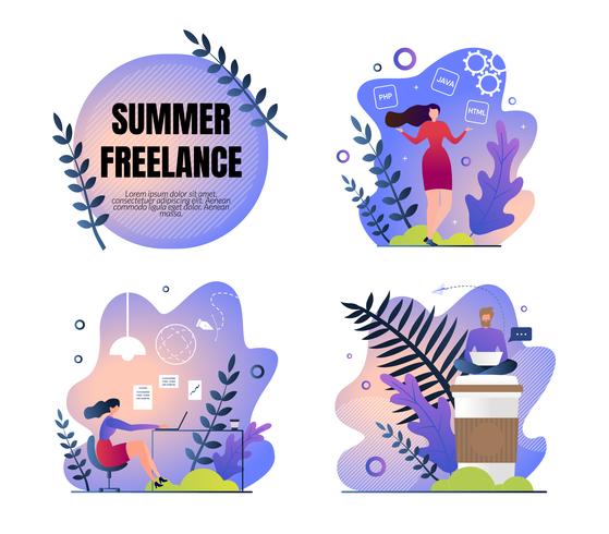 Set Work Poster är Written Summer Freelance Flat vektor