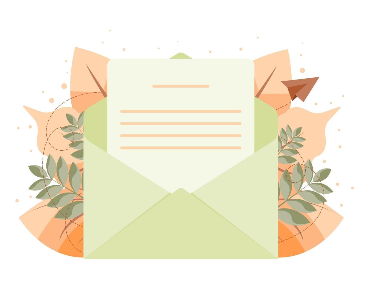 offener Umschlag mit einem Brief mit Herbstlaub im Hintergrund. das Konzept des Sendens von Nachrichten. einen Brief senden oder empfangen, Post. vektor