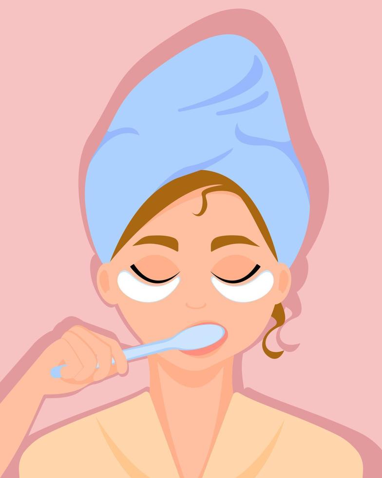söt leende tjej med handduk på huvudet och kosmetiska plåster under ögonen borstar tänderna. morgonrutin. daglig vård i hemmet. vektor illustration.