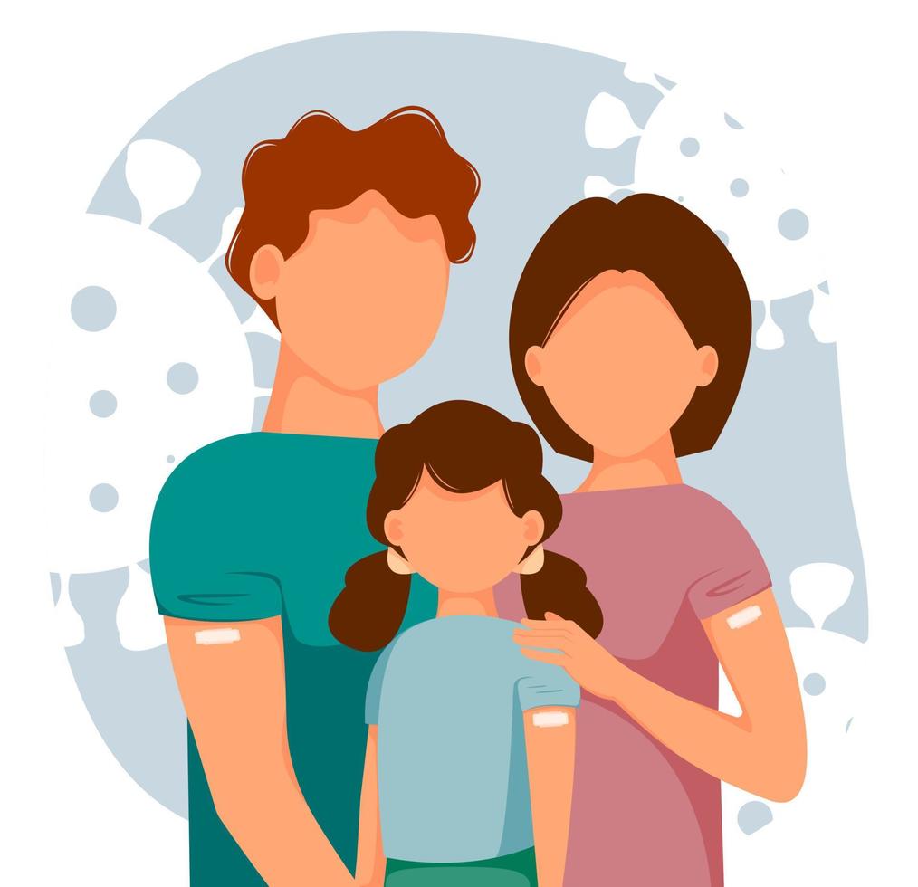 vektor illustration av glad vaccinerad familj med barn. mamma, pappa, dotter. hälsobegrepp, spridningen av vaccinet, sjukvård, samtal om kampen mot coronavirus.