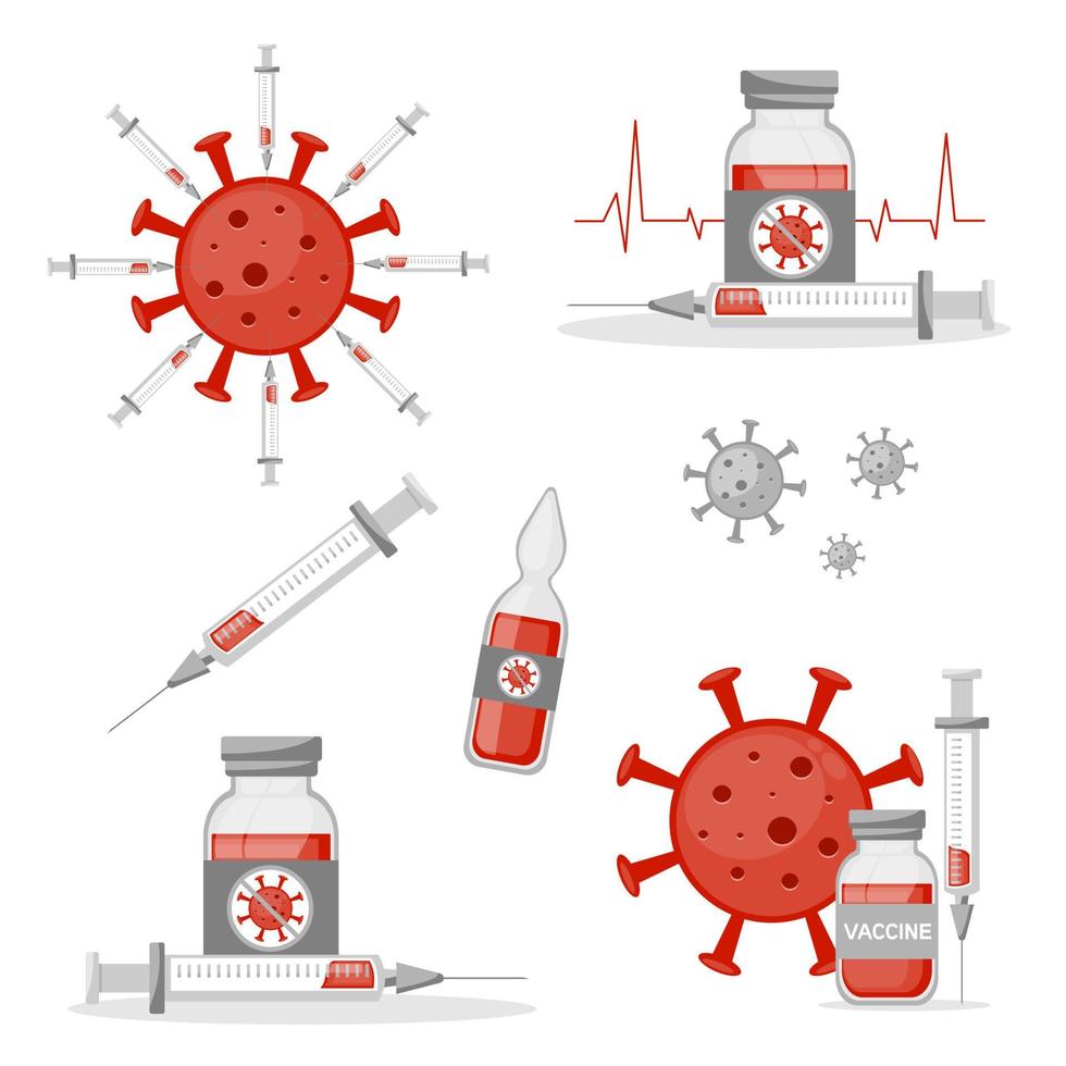 satz von symbolen des covid 19 coronavirus-impfstoffs. Fläschchen und Spritze. behandlung für coronavirus covid-19. Coronavirus-Molekül. Vektor-Illustration. vektor