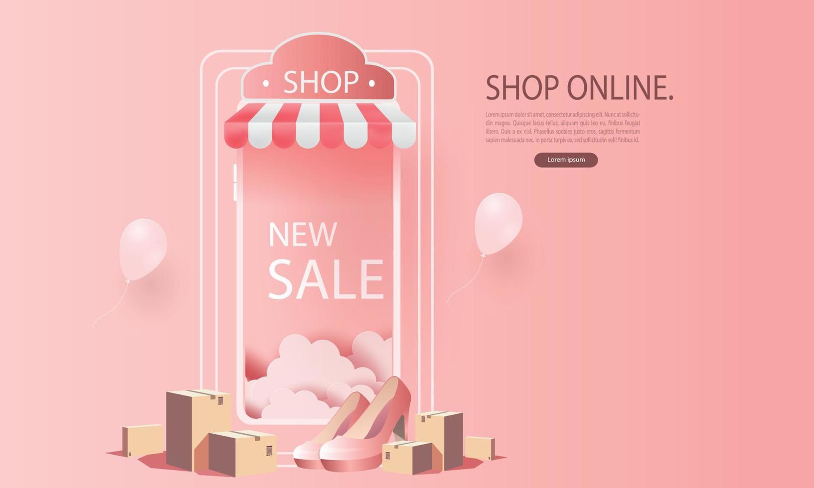 Online-Shopping am Telefon mit Podium Papierkunst moderner rosa Hintergrund Geschenkbox Illustration Vektor. vektor