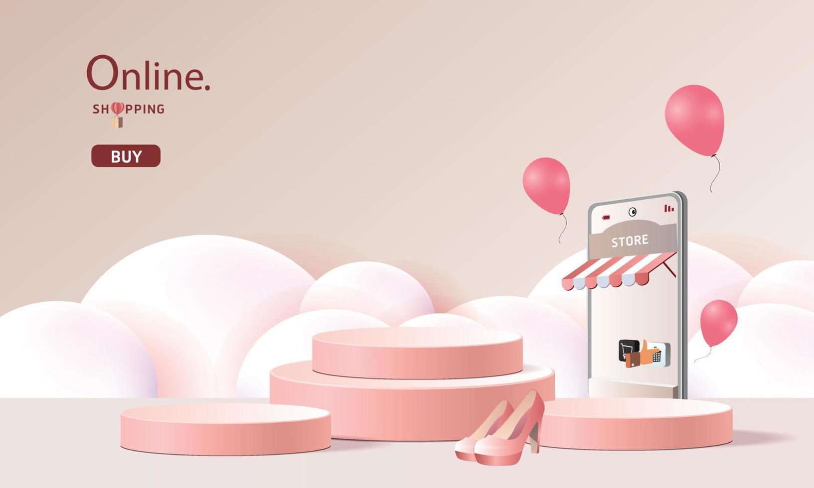Online-Shopping am Telefon mit Podium Papierkunst moderner rosa Hintergrund Geschenkbox Illustration Vektor. vektor