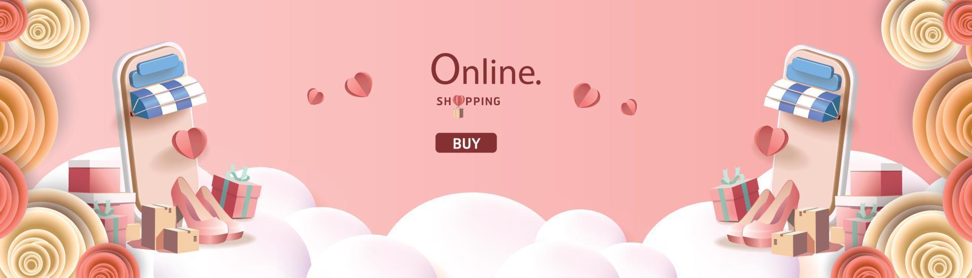 online shopping våren på telefon blomma rosa stor rea banner marknadsföring affisch mode vektor