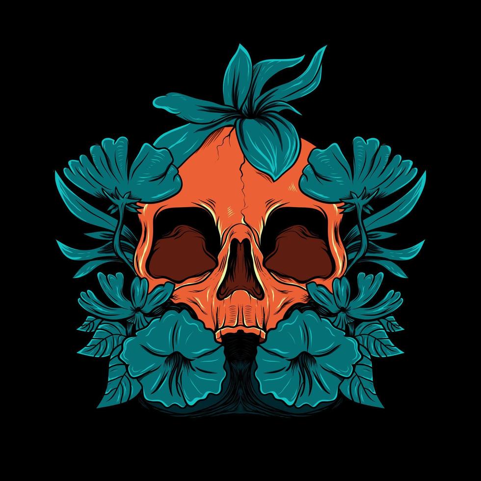 Illustration des Horrorschädels mit Blume für T-Shirt-Design vektor