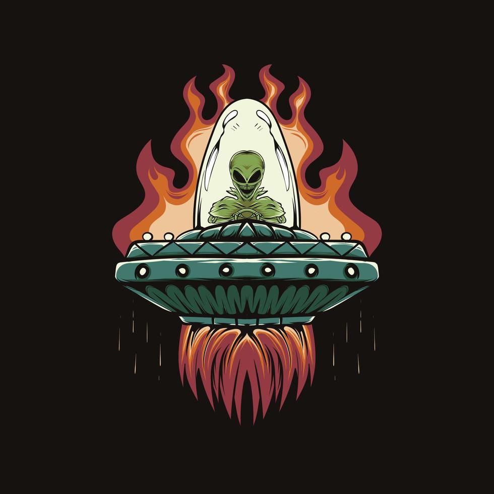 illustration av främmande huvud och ufo med eld för t-shirt design och tryck vektor