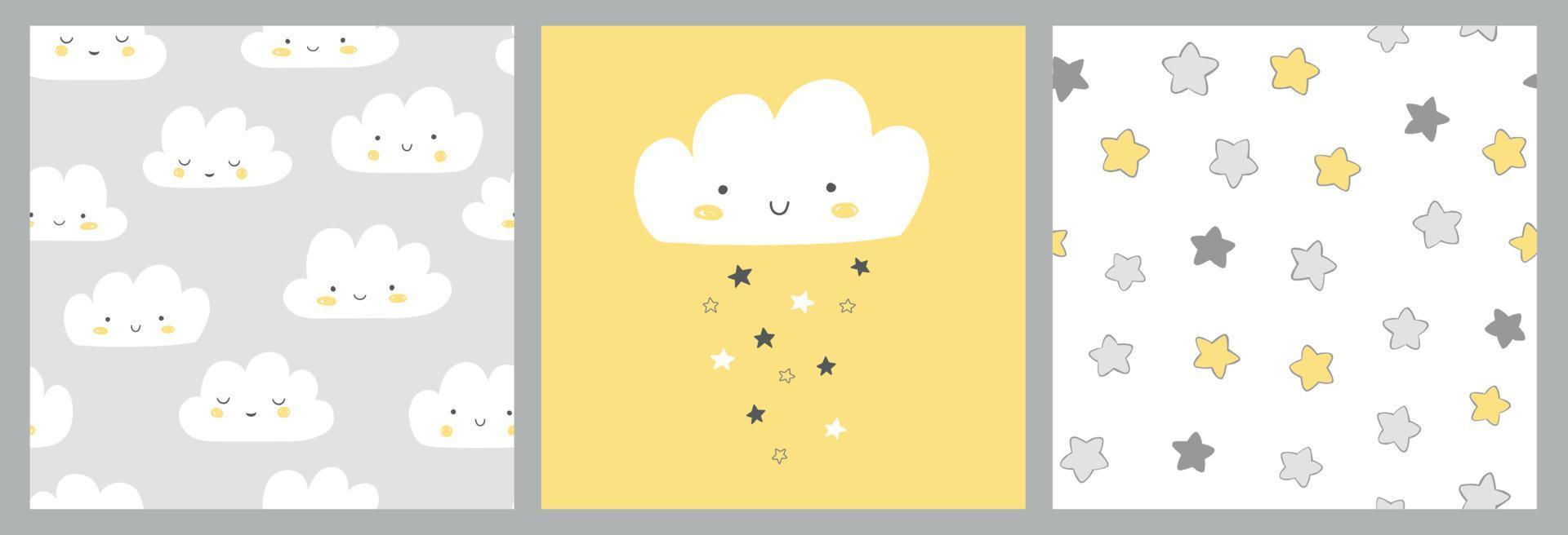 Set mit 3 Babykarten in Grau und Gelb. süße lächelnde wolke, sterne und wolkenmuster. Skandinavische Kinderzimmerkunst für Jungen. geschlechtsneutrales Kartendesign für Babyparty. vektor