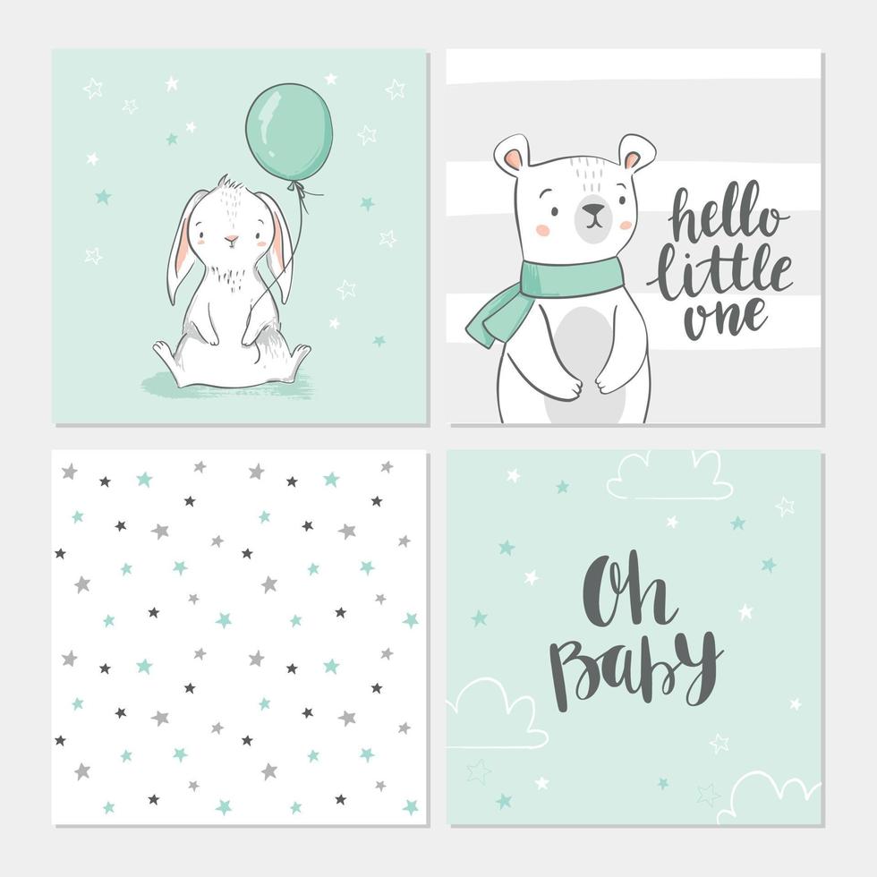 Satz niedlicher Babypartykarten, darunter Häschen, Bären, Ballons, Wolken, Sterne und moderne Kalligrafie-Phrasen, hallo, Kleiner und oh, Baby. Vektorgrafiken für Einladungen, Grußkarten, Poster vektor