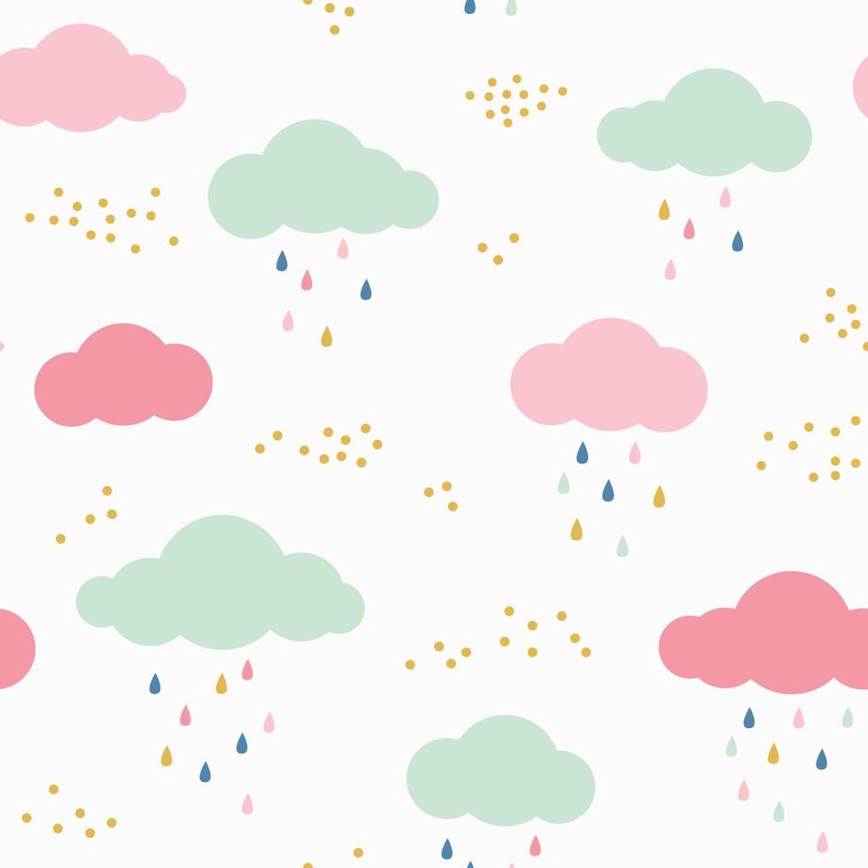 vektor barn mönster med moln, regndroppar och prickar. söt skandinavisk sömlös bakgrund i mint, rosa, gult och grått.