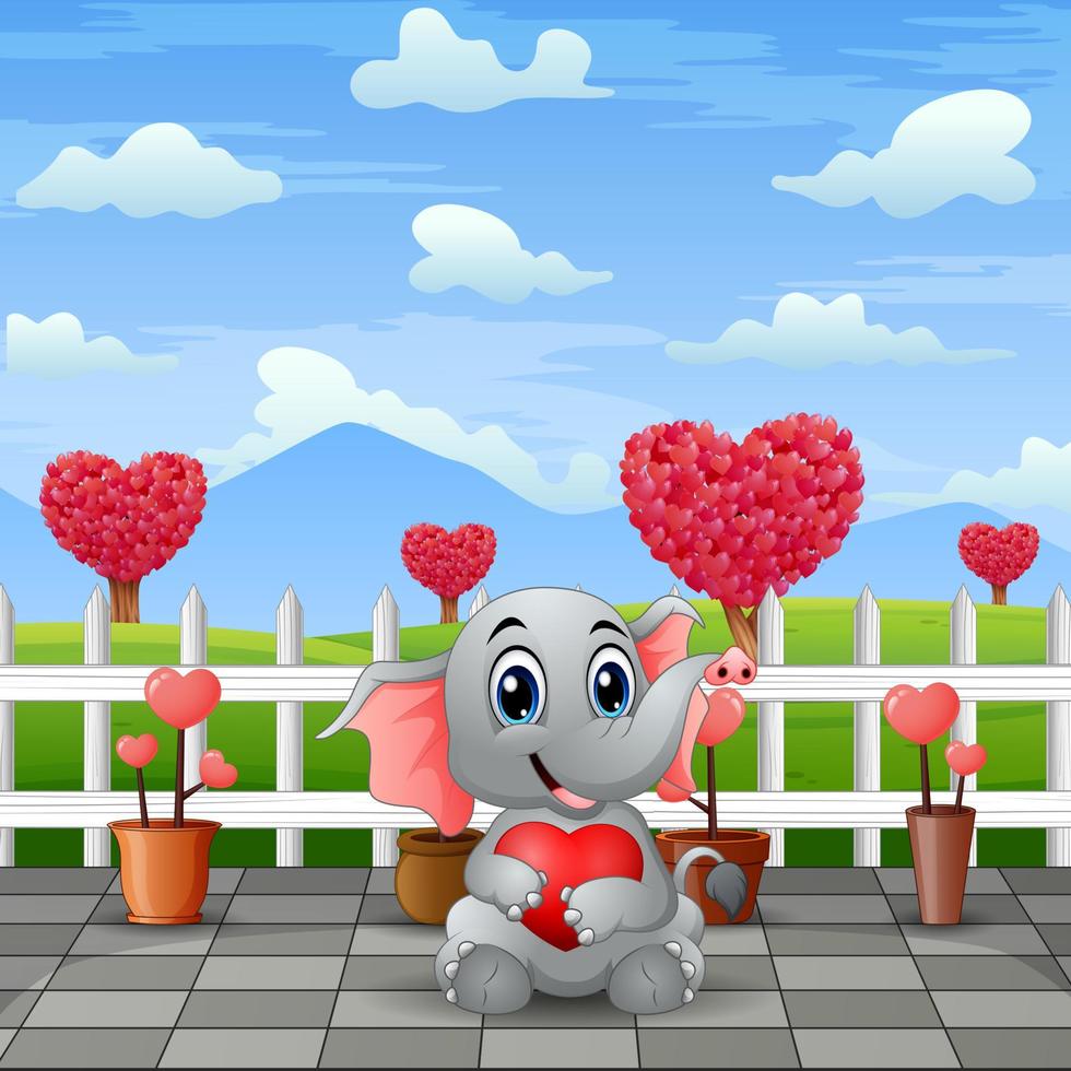 ein Babyelefant, der rotes Herz in der Parklandschaft hält vektor