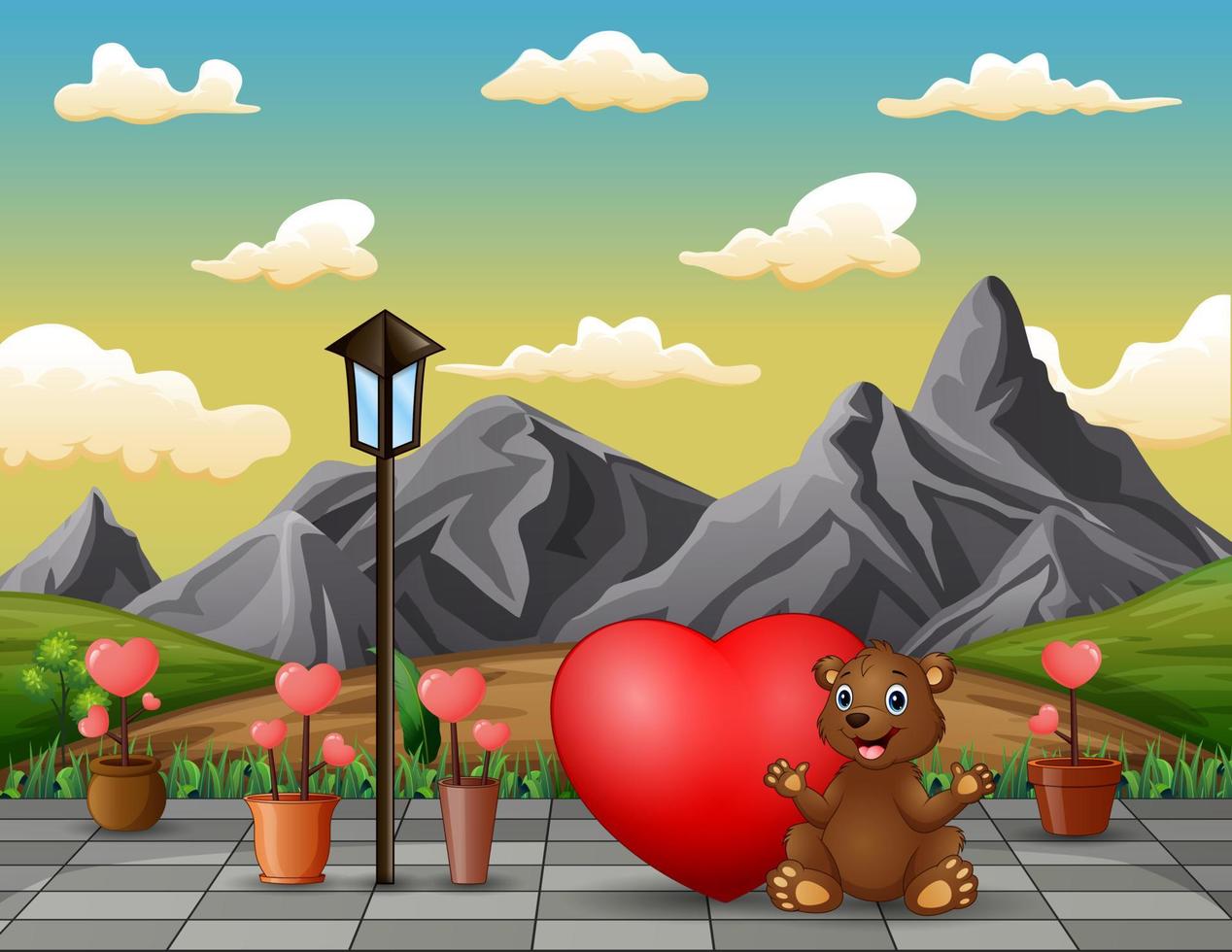 en björn som sitter med rött hjärta i parklandskapet vektor
