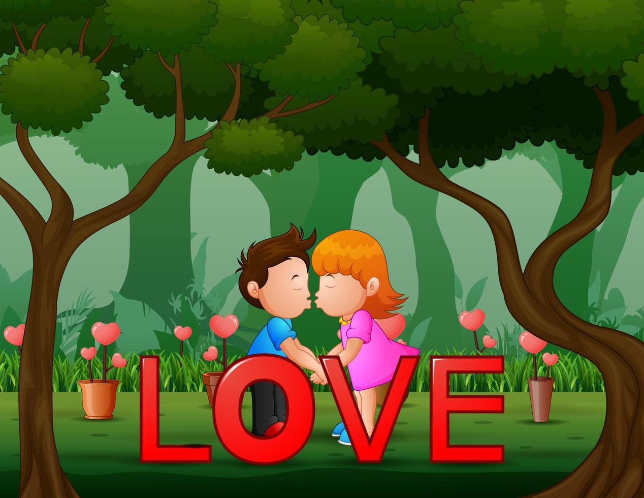 illustration av ett par barn som kysser med röda ordet kärlek vektor