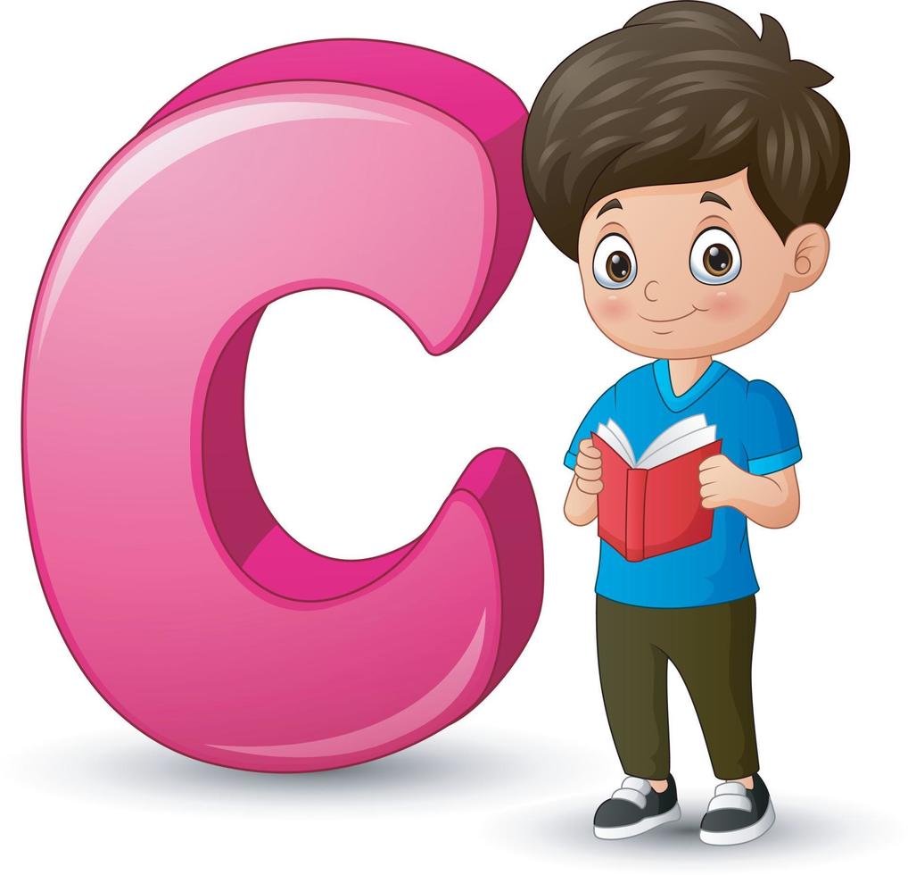 illustration av en pojke som läser bok bredvid bokstaven c vektor