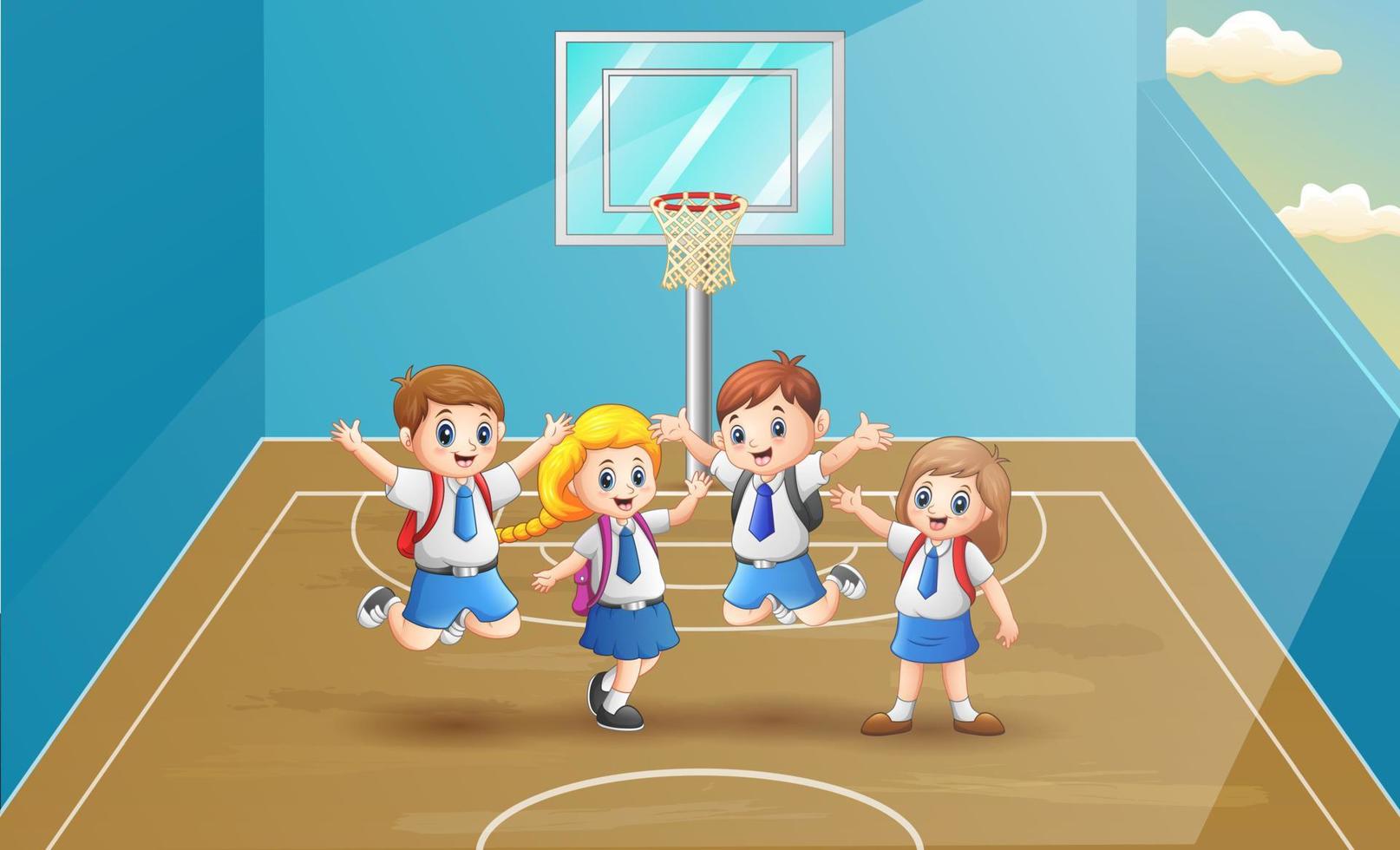 Fröhliche Schulkinder springen auf dem Basketballplatz vektor