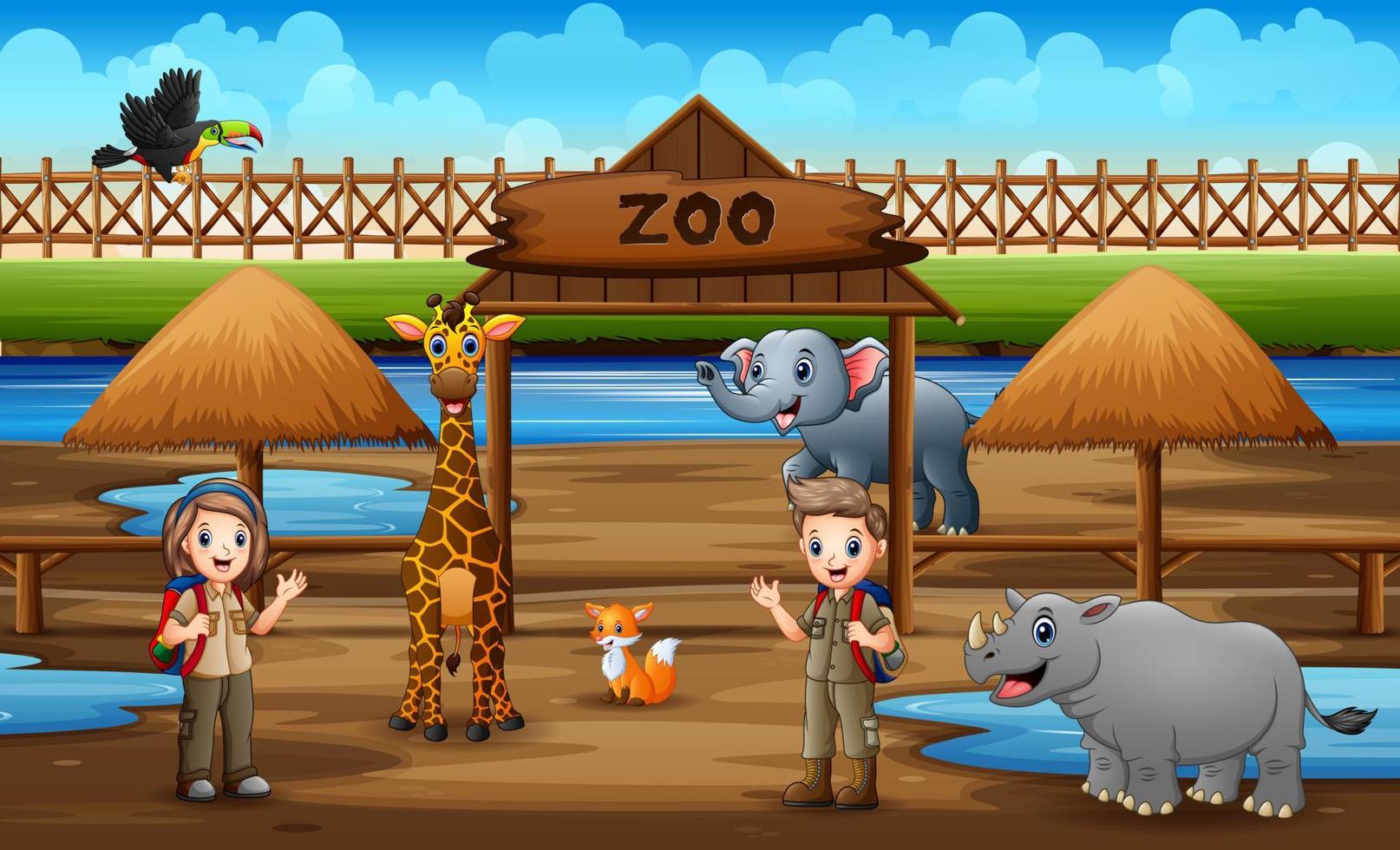 süß der Pfadfinderjunge und das Mädchen, die Tiere im Zoopark beobachten vektor